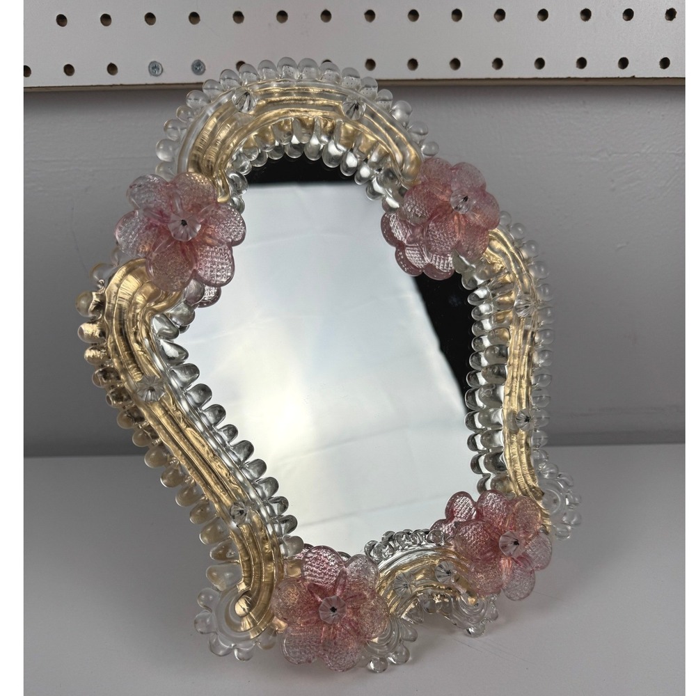 Vtg Murano Glass Vanity Mirror Pink Flowers Coquette Venetian Tabletop Wall